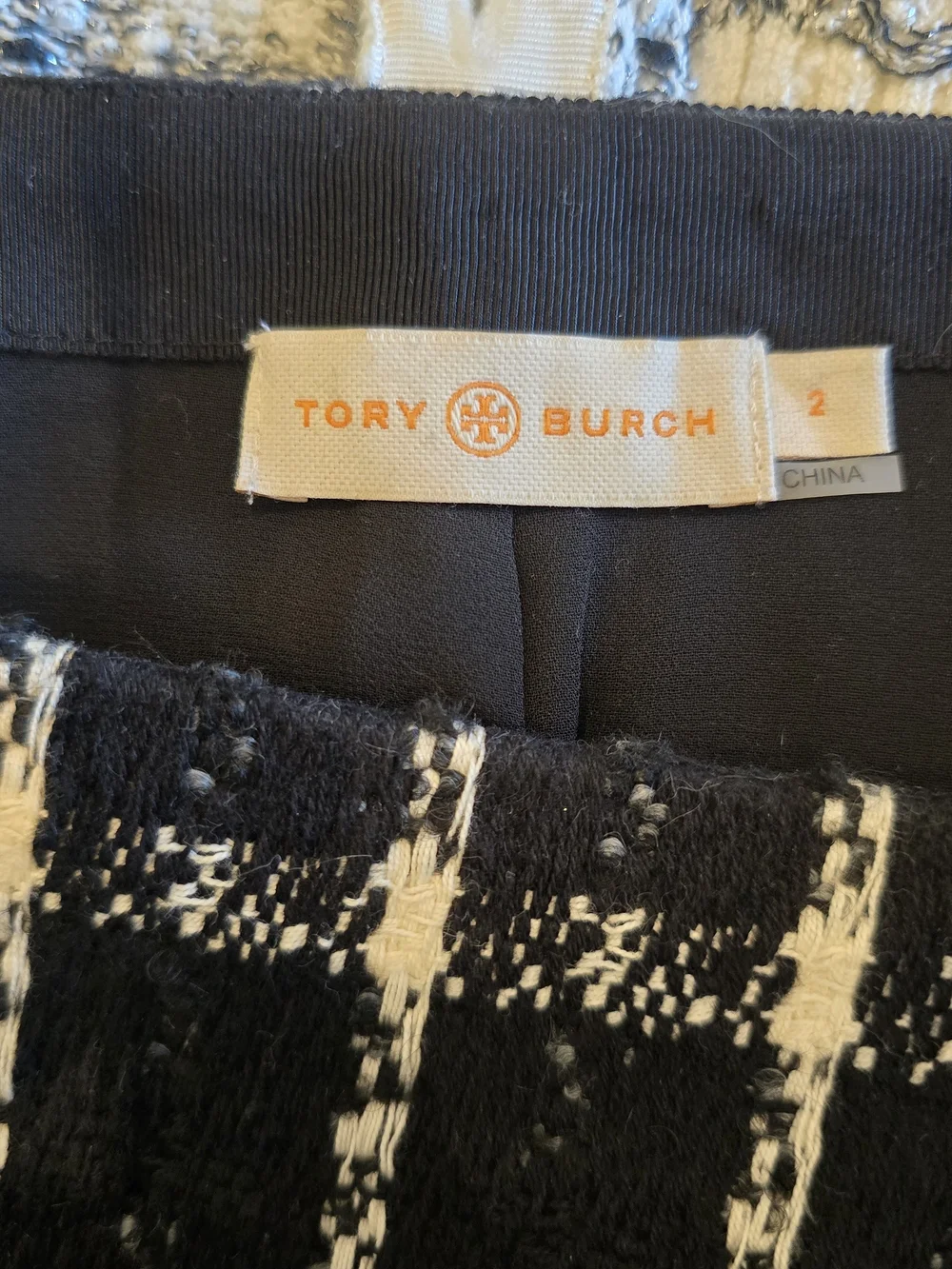Tory Burch Black & White Checked Fringe Mini Skirt